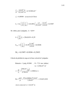 5-55
5
4
3
4,6 10
8,761909 10
52,5 10
0,00500 ( )
F
x m
x
D x m
f ecuacion de Chen
ε −
−
−
= =
=
( )
2
2
3
2,3
1,5
4 4 0,005 0,15407
2 52,5 10 2 9,81
f F
L v
h f x x
D g x x
−
   
 
= = =
   
 
   
 
De tablas, para 2 pulgadas, fT = 0,019
( )
2
2
20 0,019 0,39
2,30
0,38 0,10246
2 2 9,81
T
codo
L
k f x
D
v
h k
g x
 
= = =
 
 
 
= = =
 
 
0,15407 0,10246 0,25653
f
h
Σ = + =
Cálculo de pérdida de carga en la línea vertical de 3 pulgadas:
Diámetro = 3 pulg. SCH40 , D = 77,9 mm (tablas)
Af = 4,768x10-3
m2
( )
3
3
300 10
60
1,04866 /
4,768 10
f
x
Q
v m s
A x
−
−
= = =
3
4
5
971 1,04866 77,9 10
Re 22 6633,1034
3,50 10
: 4,6 10
vD x x x
x
Acero comercial x m
ρ
µ
ε
−
−
−
= = =
=
 