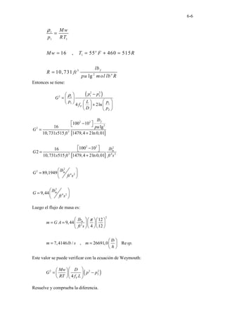 6-6
1
1 1
1
3
2
16 , 55 460 515
10, 731
lg
o
f
o
Mw
p RT
Mw T F R
lb
R ft
pu mol lb R
ρ
=
= = + =
=
Entonces se tiene:
( )
2 2
1 2
2 1
1 1
2
4 2ln
F
p p
G
p p
L
f
D p
ρ −
 
=  
 
 
  +  
 
   
[ ]
[ ]
2 2
2
2
3
2 2 2
3 4 2
2
2
4 2
2
4 2
100 10
16 lg
10,731 515 1479,4 2ln 0,01
100 10
16
2
10,731 515 1479,4 2ln 0,01
89,1949
9,44
f
m
m
m
lb
pu
G
x ft
lb
G
x ft ft s
lb
G
ft s
lb
G
ft s
 
−
 
=
+
 
−
 
=
+
 
=  
 
 
=  
 
Luego el flujo de masa es:
2
2
12
9,44
4 12
7,4146 / , 26691,0 Re .
m
lb
m G A
ft s
lb
m lb s m sp
h
π
   
= =    
  
 
 
= =  
 
Este valor se puede verificar con la ecuación de Weymouth:
( )
2 2 2
2
4 F
Mw D
G p p
RT f L
 
 
= −
 
 
  
Resuelve y comprueba la diferencia.
 