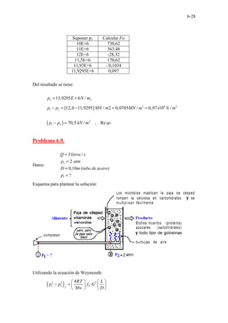 6-28
Suponer p2 Calcular Fo
10E+6 730,62
11E+6 363,48
12E+6 -28,32
11,5E+6 170,62
11,93E+6 - 0,1034
11,9295E+6 0,097
Del resultado se tiene:
2 2
11,9295 6 /
p E N m
= +
( )
( )
2 6 2
1 2
2
1 2
12,0 11,9295 / 2 0,0705 / 0,07 10 /
70,5 / , Re .
p p MN m MN m x N m
p p kN m sp
− = − = =
− =
Problema 6.9.
Datos:
2
1
5 /
2
0,10 ( )
?
Q litros s
p atm
D m tubo de acero
p
=
=
=
=
Esquema para plantear la solución:
Utilizando la ecuación de Weymouth:
( )
2 2 2
1 2
4
F
f
RT L
p p f G
Mw D
   
− =    
   
 