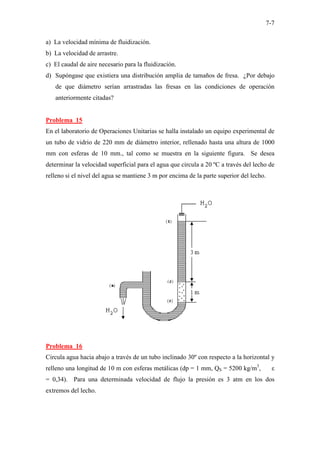 7-7
a) La velocidad mínima de fluidización.
b) La velocidad de arrastre.
c) El caudal de aire necesario para la fluidización.
d) Supóngase que existiera una distribución amplia de tamaños de fresa. ¿Por debajo
de que diámetro serían arrastradas las fresas en las condiciones de operación
anteriormente citadas?
Problema 15
En el laboratorio de Operaciones Unitarias se halla instalado un equipo experimental de
un tubo de vidrio de 220 mm de diámetro interior, rellenado hasta una altura de 1000
mm con esferas de 10 mm., tal como se muestra en la siguiente figura. Se desea
determinar la velocidad superficial para el agua que circula a 20 ºC a través del lecho de
relleno si el nivel del agua se mantiene 3 m por encima de la parte superior del lecho.
Problema 16
Circula agua hacia abajo a través de un tubo inclinado 30º con respecto a la horizontal y
relleno una longitud de 10 m con esferas metálicas (dp = 1 mm, QS = 5200 kg/m3
, ε
= 0,34). Para una determinada velocidad de flujo la presión es 3 atm en los dos
extremos del lecho.
 