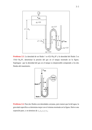 2- 2
Problema 2.3. La densidad de un fluido 1 es 62,4 lbm/ft³ y la densidad del fluido 2 es
136,8 lbm/ft³, determinar la presión del gas en el tanque mostrado en la figura.
Supóngase que la densidad del gas en el tanque es despreciable comparado a los dos
fluidos del manómetro.
Problema 2.4. Para dos fluidos con densidades cercanas, pero menor que la del agua, la
gravedad específica se determina mejor con el sistema mostrado en la figura. Derive una
expresión para γ en términos de 1 2 3
, ,
z z z y 4
z .
 
