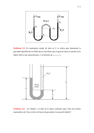 2- 3
Problema 2.5. Un manómetro simple de tubo en U se utiliza para determinar la
gravedad específica de un fluido que es más denso que el agua tal como se muestra en la
figura. Derive una expresión para γ en términos de 1 2
,
z z y 3
z .
Problema 2.6. Un cilindro y el tubo de la figura contienen agua. Para una lectura
manométrica de 2 bar ¿Cuál es la fuerza de gravedad y la masa del émbolo?
 