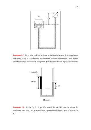 2- 4
Problema 2.7. En el tubo en U de la figura, se ha llenado la rama de la derecha con
mercurio y la de la izquierda con un líquido de densidad desconocida. Los niveles
definitivos son los indicados en el esquema. Hallar la densidad del líquido desconocido.
Problema 2.8. En la Fig 2., la presión atmosférica es 14,6 psia, la lectura del
manómetro en A es 6,1 psi, y la presión de vapor del alcohol es 1,7 psia. Calcular X e
Y.
 