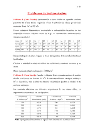 7-43
Problemas de Sedimentación
Problema 1. (Costa Novella) Sedimentación Se desea diseñar un espesador continuo
para tratar 10 m3
/min de una suspensión acuosa de carbonato de cálcico que se desea
concentrar desde 5 g/L a 200 g/L.
En una probeta de laboratorio se ha estudiado la sedimentación discontinua de una
suspensión acuosa de carbonato cálcico de 30 g/L de concentración, obteniéndose los
siguientes resultados:
t(min) 0 0,5 1 1,5 2 2,5 3 3,5 4 4,5 5 5,5 6 6,5
h(mm) 284 274 264 250 240 230 219 208 196 185 176 166 157 144
t(min) 7 7,5 8 8,5 9 9,5 10 12 15 20 29 87 150 ∞
h(mm) 136 125 115 107 97 88 81 63 51 41 38 29 25 23
Representado por h la altura respecto al fondo de la probeta de la superficie limite del
líquido claro.
Calcular la superficie transversal mínima del sedimentador continuo necesario y su
altura.
Datos: Densidad del carbonato calcico: 2 681 kg/m3
Problema 2. (Costa Novella) Calcular el diámetro de un espesador continuo de sección
circular en el que se han de tratar 0,1 m3
/s de una suspensión con 100 kg de sólido por
m3
de suspensión, para alcanzar la máxima concentración posible de sólidos en la
corriente sedimento.
Los resultados obtenidos con diferentes suspensiones de este mismo sólido, en
experimentos discontinuos, son los siguientes:
Concentración
de sólido, (kg/m3
)
Velocidad
Sedimentación, (m/h)
Concentración
de sólidos, (kg/m3
)
Velocidad
Sedimentación, (m/h)
100 0,5330 700 0,0370
200 0,3280 800 0,0266
300 0,1990 900 0,0202
400 0,1190 1 000 0,0151
500 0,0770 1 100 0,0119
600 0,0520 1 200 0,0108
Nota: supóngase que la corriente de liquido claro efluente esta exenta de sólido.
 