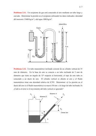2- 7
Problema 2.11. Un recipiente de gas está conectado al aire mediante un tubo largo y
curvado. Determinar la presión en el recipiente utilizando los datos indicados: densidad
del mercurio 13600 kg/m3
y del agua 1000 kg/m3
.
Problema 2.12. Un tubo manométrico inclinado consiste de un cilindro vertical de 35
mm de diámetro. En la base de este se conecta a un tubo inclinado de 5 mm de
diámetro que tiene un ángulo de 15º respecto al horizontal, el tope de este tubo es
conectado a un ducto de aire. El cilindro vertical es abierto al aire y el fluido
manométrico tiene una densidad relativa de 0,785. Determinar: a) La presión en el
ducto del aire si el fluido manométrico se mueve 50 mm a lo largo de tubo inclinado, b)
¿Cuál es el error si el movimiento del tubo vertical es ignorado?
 