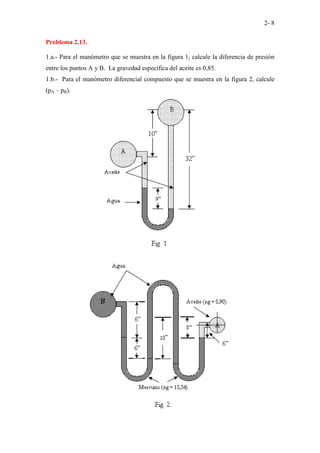 2- 8
Problema 2.13.
1.a.- Para el manómetro que se muestra en la figura 1, calcule la diferencia de presión
entre los puntos A y B. La gravedad específica del aceite es 0,85.
1.b.- Para el manómetro diferencial compuesto que se muestra en la figura 2, calcule
(pA – pB).
 