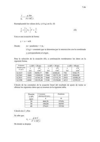 7-86
)
(
1
f
o P
A
Rm
q ∆
−
=
µ
Reemplazando los valores de kC y (1/qo) en Ec. (I)
o
C
q
V
k
V
t 1
2
1
+






= (II)
Esta es una ecuación de forma:
y = a + mX
Donde: m = pendiente = ½ kC
(1/qo) = constante que se determina por la intersección con la coordenada
y correspondiente al origen.
Para la selección de la ecuación (II), a continuación reordenamos los datos en la
siguiente forma.
Volumen
filtrado total
V (m3
)
(-∆P) = 20 psi (-∆P) = 30 psi (-∆P) = 40 psi
t
(s)
t/V
s/m3
t
(s)
t/V
s/m3
t
(s)
t/V
s/m3
0,1415 1224 8650,17 900 6360,42 756 5342,75
0,2265 3060 13509,93 2304 10172,18 1872 8264,90
0,2831 4752 16785,58 3600 12716,35 2916 10300,24
0,3398 6840 20129,48 5148 15150,08 4212 12395,52
Cálculo de las constantes de la ecuación lineal del resultado de ajuste de rectas se
obtiene los siguientes datos que se resumen en la siguiente tabla.
Presión
(-∆P)
(psi)
Constante
intersección eje y
Pendiente
a m
20 444,28 57836
30 106,60 44395
40 276,01 35530
Cálculo de α1
y Rm
Se sabe que:
)
(
2
f
C
P
A
C
k
∆
−
=
α
µ
De donde se despeja
 