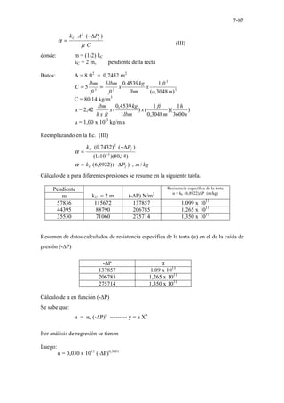 7-87
C
P
A
k f
C
µ
α
)
(
2
∆
−
= (III)
donde: m = (1/2) kC
kC = 2 m, pendiente de la recta
Datos: A = 8 ft2
= 0,7432 m2
3
3
3
3
)
3048
,
(
1
4539
,
0
5
5
m
o
ft
x
lbm
kg
x
ft
lbm
ft
lbm
C =
=
C = 80,14 kg/m3
µ = 2,42 )
3600
1
(
)
3048
,
0
1
(
)
1
4539
,
0
(
s
h
m
ft
x
lbm
kg
x
ft
x
h
lbm
µ = 1,00 x 10-3
kg/m.s
Reemplazando en la Ec. (III)
)
14
,
80
)(
10
1
(
)
(
)
7432
,
0
(
3
2
−
∆
−
=
x
P
k f
C
α
kg
m
P
k f
C /
,
)
(
)
8922
,
6
( ∆
−
=
α
Cálculo de α para diferentes presiones se resume en la siguiente tabla.
Pendiente
kC = 2 m (-∆P) N/m2
Resistencia específica de la torta
α = kC (6,8922)∆P (m/kg)
m
57836 115672 137857 1,099 x 1011
44395 88790 206785 1,265 x 1011
35530 71060 275714 1,350 x 1011
Resumen de datos calculados de resistencia específica de la torta (α) en el de la caída de
presión (-∆P)
-∆P α
137857 1,09 x 1011
206785 1,265 x 1011
275714 1,350 x 1011
Cálculo de α en función (-∆P)
Se sabe que:
α = αo (-∆P)n
--------- y = a Xb
Por análisis de regresión se tienen
Luego:
α = 0,030 x 1011
(-∆P)0,3001
 
