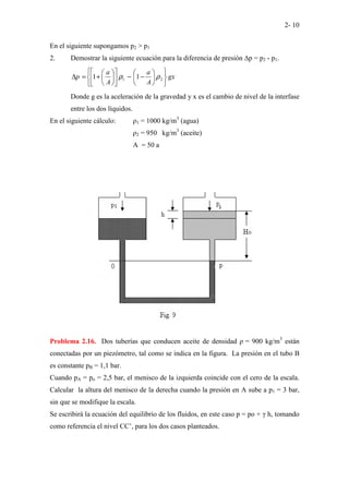 2- 10
En el siguiente supongamos p2 > p1
2. Demostrar la siguiente ecuación para la diferencia de presión ∆p = p2 - p1.
gx
A
a
A
a
p












−
−












+
=
∆ 2
1 1
1 ρ
ρ
Donde g es la aceleración de la gravedad y x es el cambio de nivel de la interfase
entre los dos líquidos.
En el siguiente cálculo: ρ1 = 1000 kg/m3
(agua)
ρ2 = 950 kg/m3
(aceite)
A = 50 a
Problema 2.16. Dos tuberías que conducen aceite de densidad ρ = 900 kg/m3
están
conectadas por un piezómetro, tal como se indica en la figura. La presión en el tubo B
es constante pB = 1,1 bar.
Cuando pA = po = 2,5 bar, el menisco de la izquierda coincide con el cero de la escala.
Calcular la altura del menisco de la derecha cuando la presión en A sube a p1 = 3 bar,
sin que se modifique la escala.
Se escribirá la ecuación del equilibrio de los fluidos, en este caso p = po + γ h, tomando
como referencia el nivel CC’, para los dos casos planteados.
 