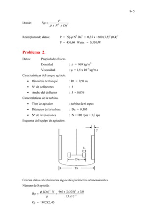 8- 5
Donde: 3
3
Da
x
N
x
P
Np
ρ
=
Reemplazando datos: P = Np ρ N3
Da3
= 0,35 x 1600 (3,5)2
(0,4)3
P = 439,04 Watts = 0,50 kW
Problema 2.
Datos: Propiedades físicas.
Densidad : ρ = 969 kg/m3
Viscosidad : µ = 1,5 x 10-3
kg/m.s
Características del tanque agitado.
• Diámetro del tanque : Dt = 0,91 m
• Nº de deflectores : 4
• Ancho del deflector : J = 0,076
Características de la turbina.
• Tipo de agitador : turbina de 6 aspas
• Diámetro de la turbina : Da = 0,305
• Nº de revoluciones : N = 180 rpm = 3,0 rps
Esquema del equipo de agitación:
Con los datos calculamos los siguientes parámetros adimensionales.
Número de Reynolds
3
2
2
10
5
,
1
0
,
3
)
305
,
0
(
969
)
(
Re −
=
=
x
x
x
N
Da
µ
ρ
Re = 180282, 45
 