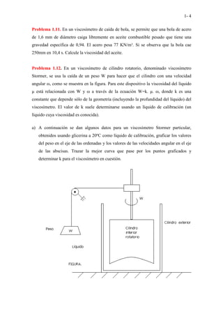 1- 4
Problema 1.11. En un viscosímetro de caída de bola, se permite que una bola de acero
de 1,6 mm de diámetro caiga libremente en aceite combustible pesado que tiene una
gravedad específica de 0,94. El acero pesa 77 KN/m³. Si se observa que la bola cae
250mm en 10,4 s. Calcule la viscosidad del aceite.
Problema 1.12. En un viscosímetro de cilindro rotatorio, denominado viscosímetro
Stormer, se usa la caída de un peso W para hacer que el cilindro con una velocidad
angular ω, como se muestra en la figura. Para este dispositivo la viscosidad del líquido
µ está relacionada con W y ω a través de la ecuación W=k. µ. ω, donde k es una
constante que depende sólo de la geometría (incluyendo la profundidad del líquido) del
viscosímetro. El valor de k suele determinarse usando un líquido de calibración (un
líquido cuya viscosidad es conocida).
a) A continuación se dan algunos datos para un viscosímetro Stormer particular,
obtenidos usando glicerina a 20ºC como líquido de calibración, graficar los valores
del peso en el eje de las ordenadas y los valores de las velocidades angular en el eje
de las abscisas. Trazar la mejor curva que pase por los puntos graficados y
determinar k para el viscosímetro en cuestión.
 