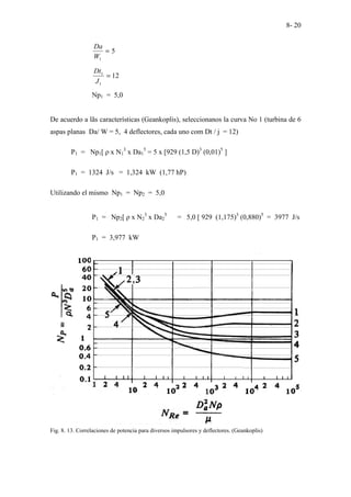 8- 20
5
1
=
W
Da
12
1
1
=
J
Dt
Np1 = 5,0
De acuerdo a lãs características (Geankoplis), seleccionanos la curva No 1 (turbina de 6
aspas planas Da/ W = 5, 4 deflectores, cada uno com Dt / j = 12)
P1 = Np1[ ρ x N1
3
x Da1
5
= 5 x [929 (1,5 D)3
(0,01)5
]
P1 = 1324 J/s = 1,324 kW (1,77 hP)
Utilizando el mismo Np1 = Np2 = 5,0
P1 = Np2[ ρ x N2
3
x Da2
5
= 5,0 [ 929 (1,175)3
(0,880)5
= 3977 J/s
P1 = 3,977 kW
Fig. 8. 13. Correlaciones de potencia para diversos impulsores y deflectores. (Geankoplis)
 