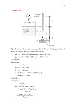 2- 19
Problema 2.8.
Aquí el único problema es considerar presión absoluta en el tanque; puesto que la
presión de vapor del etanol está expresada en absoluto.
pA = 6,1 + 14,6 = 20,7 psia (absoluta) = 143659,41 N/m2
pV = 1,7 psia = 1,7 x (101325/14,6) = 11798,11 N/m2
Cálculo de X.
Supongamos:
pO = pO'
pA = pV + X ρETOH x g
X = (pA – pV)/(ρETOH x g)
X = (143659,41 – 11798,11) / (900 x 9,81)
X = 14,93 m = 48, 99 ft
Cálculo de y.
Supongamos:
p q = p q’
pA + (y + Z) ρETOH g = Z1 ρHg g
g
p
g
x
Z
g
x
x
Z
y
ETOH
A
ETOH
Hg
ρ
ρ
ρ −
−
=
g
x
p
g
Z
y
ETOH
A
ETOH
Hg
ρ
ρ
ρ −
−
=
]
[
 