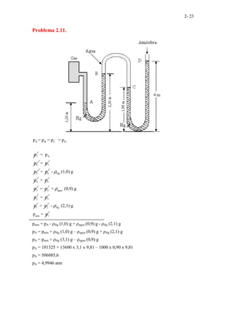 2- 23
Problema 2.11.
A B C D
7
p = p = p = p
p A
6
= p
p 7
= p
5
p 6
= p Hg
4
- (1,0) g
p
ρ
5
= p
3
p 4
= p agua
2
+ (0,9) g
p
ρ
3
= p
1
p 2
= p Hg
atm 1
- (2,1) g
p = p
ρ
patm = pA - ρHg (1,0) g + ρagua (0,9) g - ρHg (2,1) g
pA = patm + ρHg (1,0) g – ρagua (0,9) g + ρHg (2,1) g
pA = patm + ρHg (3,1) g – ρagua (0,9) g
pA = 101325 + 13600 x 3,1 x 9,81 – 1000 x 0,90 x 9,81
pA = 506085,6
pA = 4,9946 atm
 