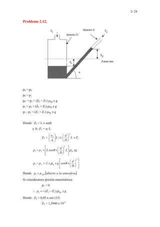 2- 24
Problema 2.12.
p0 = p0’
p0 = p1
p0’ = p2 + (Z2 + Z1) ρHg x g
p1 = p2 + (Z2 + Z1) ρHg x g
p1 - p2 = (Z2 + Z1) ρHg x g
Donde: Z2 = L x senθ
y A1 Z1 = a2 L
Z1 = 1
2
1
2
Z
L
D
d
L
A
a
=






⇒








xg
L
D
d
sen
L
p
p m
ρ
θ














+
=
−
2
2
1














+
=
−
2
2
1
D
d
sen
g
x
x
L
p
p m θ
ρ
Donde [ ]
atmosfera
la
a
abierto
p
p atm
=
1
Si consideramos presión manométrica:
p1 = 0
g
x
Z
Z
p Hg
ρ
)
( 1
2
2 −
−
=
∴
Donde: Z2 = 0,05 x sen (15)
Z2 = 1,2940 x 10-2
 