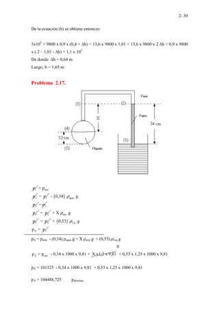 2- 30
De la ecuación (b) se obtiene entonces:
3x105
+ 9800 x 0,9 x (0,4 + ∆h) = 13,6 x 9800 x 1,01 + 13,6 x 9800 x 2 ∆h + 0,9 x 9800
x ( 2 – 1,01 - ∆h) + 1,1 x 105
De donde ∆h = 0,64 m.
Luego, h = 1,65 m
Problema 2.17.
1
p atm
2
= p
p 1
= p ( ) agua
3
- 0,34 g
p
ρ
2
= p
4
p 3
= p aire
5
+ X g
p
ρ
4
= p ( ) Líq
A 5
+ 0,53 g
p = p
ρ
pA = patm - (0,34) ρagua g + X ρaire g + (0,53) ρLíq g
A atm
............................................................... 0
p = p - 0,34 x 1000 x 9,81 +
...........
X x1,2 x
...
9,81 + 0,53 x 1,25 x 1000 x 9,81
pA = 101325 - 0,34 x 1000 x 9,81 + 0,53 x 1,25 x 1000 x 9,81
pA = 104488,725 pabsoluta
 