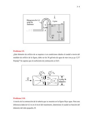 3- 4
Problema 3.9.
¿Qué diámetro de orificio de se requiere si en condiciones ideales el caudal a través del
medidor de orificio de la figura, debe ser de 30 gal/min de agua de mar con p1-p2=2,37
lb/pulg²? Se supone que el coeficiente de contracción es 0,63.
Problema 3.10.
A través de la contracción de la tubería que se muestra en la figura fluye agua. Para una
diferencia dada de 0,2 m en el nivel del manómetro, determinar el caudal en función del
diámetro del tubo pequeño, D.
 