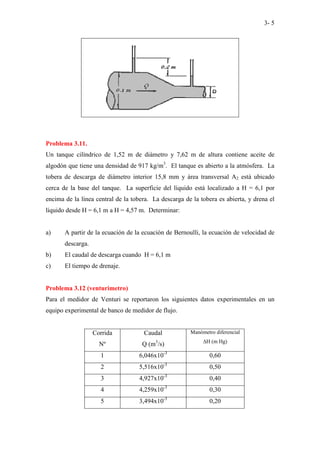 3- 5
Problema 3.11.
Un tanque cilíndrico de 1,52 m de diámetro y 7,62 m de altura contiene aceite de
algodón que tiene una densidad de 917 kg/m3
. El tanque es abierto a la atmósfera. La
tobera de descarga de diámetro interior 15,8 mm y área transversal A2 está ubicado
cerca de la base del tanque. La superficie del líquido está localizado a H = 6,1 por
encima de la línea central de la tobera. La descarga de la tobera es abierta, y drena el
líquido desde H = 6,1 m a H = 4,57 m. Determinar:
a) A partir de la ecuación de la ecuación de Bernoulli, la ecuación de velocidad de
descarga.
b) El caudal de descarga cuando H = 6,1 m
c) El tiempo de drenaje.
Problema 3.12 (venturimetro)
Para el medidor de Venturi se reportaron los siguientes datos experimentales en un
equipo experimental de banco de medidor de flujo.
Corrida
Nº
Caudal
Q (m3
/s)
Manómetro diferencial
∆H (m Hg)
1 6,046x10-3
0,60
2 5,516x10-3
0,50
3 4,927x10-3
0,40
4 4,259x10-3
0,30
5 3,494x10-3
0,20
 
