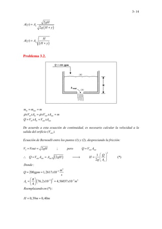 3- 14
( )
( )
2
( )
2
( )
o
o
gH
A y A
g H y
H
A y A
H y
=
+
=
+
Problema 3.2.
in out
in in out out
in in out out
m m m
xV xA xV xA m
Q V xA V xA
ρ ρ
= =
= =
= =
De acuerdo a esta ecuación de continuidad, es necesario calcular la velocidad a la
salida del orificio ( out
V ).
Ecuación de Bernoulli entre los puntos (1) y (2), despreciando la fricción:
( )
( )
2
2
3
2
2
3 3
........... ........... ...........
.... ........... ........... .........
2 ;
1
2 (*)
2
:
200 1,2617 10
76,2 10 4,5
..
6037 10
4
out out
out out out
o
o
V Vout gH pero Q V A
Q
Q V A A gH H
g A
Donde
m
Q gpm x
s
A x x m
π
−
− −
= = =
 
∴ = = 
→ =  
 
= =
 
= =
 
 
2
(*):
0,39
.
0,4
.
0
Reemplazando en
H m m
= ≈
 