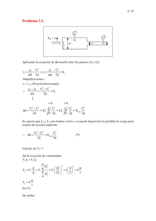 3- 15
Problema 3.3.
Aplicando la ecuación de Bernoulli entre los puntos (1) y (2):
2 2
1 1 2 2
1 2
1 2
2 2
1 2 2 1
2 2
2 1 1
1
1
2 2
:
( )
. .
...
...........
................................ ............
0 0
4
..
2
2
L
L
p V p V
z z h
g g g g
Simplificaciones
z z Posición horizontal
p p V V
h
g g
V V L
h f
g D
ρ ρ
ρ
+ + = + + +
=
− −
∴ = +
↓
≈ ≈
−
∆ = +
2
1 2
2
2
4
2
V L
f
g D
+
2 2
2 2
exp
2 2
V V
K
g g
+
Se supone que L1 y L2 son tramos cortos y se puede despreciar la pérdida de carga para
tramos de sección uniforme:
2 2 2
2 1 2
exp
... .............. (*)
2 2
..........
V V V
h K
g g
−
∴ ∆ = +
Cálculo de V2=?
De la ecuación de continuidad:
1 1 2 2
2 2 2
1
1 1
2 1 1 1
2
2 2
2
2
4
4 1 4
2
4
4
V A V A
D
A D m
V V V V
A D s
D
m
V
s
π
π
=
   
= = = = =
   
 
 
=
En (*):
De tablas:
 