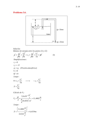 3- 19
Problema 3.6.
Solución:
Balance de energía entre los puntos (1) y (2):
1
z 1
p
g
ρ
+
2
1
2
V
g
+ 2
2
p
z
g
ρ
= +
2
2
2
V
hf
g
+ +
1
2
1 2
1
2 2
2 2
2 2
2
2
(1)
:
0
( )
0
0
:
0
2 2
.......................
... .
....... .......
2
Simplificaciones
z
z X
p p Presión atmosférica
V
hf
Luego
V V
z z
g g
V
X
g
=
= −
=
=
=
= + 
→ − =
=
Cálculo de V2:
( )
3
3
2
2 2
2
2
5,6 10
11,4082
0,025
4
:
11,4082
6,6334
2 9,81
m
x
Q m
s
V
A s
m
Luego
m
s
X m
m
x
s
π
−
= = =
 
 
 
= =
 