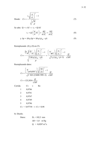 3- 32
Donde:
ρ
p
d
d
v
Cv
∆
−








=
2
1
4
2
1
1
(7)
Se sabe: Q = v Af → v1 = Q/Af
2
1
2
1
2
1
1
4
4
4
/
D
Q
D
Q
D
Q
v
π
π
π
=
=






= (8)
y )
( ρ
ρ
ρ −
∆
=
∆
∆
=
∆ Hg
g
h
g
h
p (9)
Reemplazando (8) y (9) en (7):
( )
H
Q
g
d
d
D
g
h
d
d
D
Q
Cv
Hg
Hg ∆
−
−














=
−
∆
−














=
)
1
/
(
2
1
4
)
(
2
1
4
4
2
1
2
1
4
2
1
2
1
ρ
ρ
π
ρ
ρ
ρ
π
Reemplazando datos:
H
Q
Cv
∆
−
−












=
)
1
999
/
13600
(
81
,
9
2
1
25
50
)
050
,
0
(
4
4
2
π
H
Q
Cv
∆
= 3854
,
125
Corrida Cv v Re
1 0,9786
2 0,9781
3 0,9767
4 0,9749
5 0,9796
Cv = 0,97758 → Cv ≈ 0,98
b) Diseño.
Datos: D1 = 102,3 mm
∆H = 1,0 m Hg
Q = 0,0207 m3
/s
 