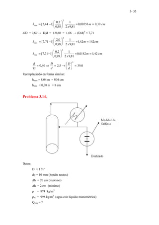 3- 35
cm
m
x
h 30
,
0
00356
,
0
81
,
9
2
1
98
,
0
2
,
0
]
1
44
,
2
[
2
min =
=






−
=
d/D = 0,60 → D/d = 1/0,60 = 1,66 → (D/d)4
≈ 7,71
cm
m
x
h 142
42
,
1
81
,
9
2
1
98
,
0
0
,
2
]
1
71
,
7
[
2
max =
=






−
=
cm
m
x
h 42
,
1
0142
,
0
81
,
9
2
1
98
,
0
2
,
0
]
1
71
,
7
[
2
min =
=






−
=
0
,
39
5
,
2
40
,
0
4
=






→
=
⇒
=
d
D
d
D
D
d
Reemplazando en forma similar:
hmax = 8,04 m = 804 cm
hmin = 0,08 m = 8 cm
Problema 3.14.
Datos:
D = 1 ½”
do = 10 mm (bordes rectos)
∆h = 20 cm (máximo)
∆h = 2 cm (mínimo)
ρ = 874 kg/m3
ρm = 998 kg/m3
(agua con líquido manométrica)
Qmin = ?
 