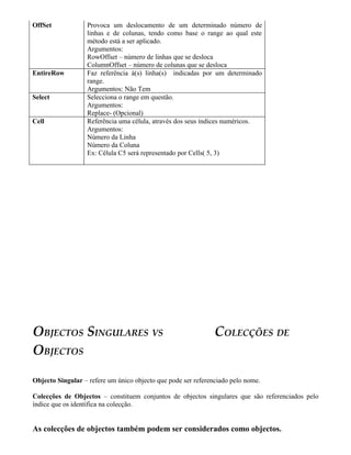 OffSet            Provoca um deslocamento de um determinado número de
                  linhas e de colunas, tendo como base o range ao qual este
                  método está a ser aplicado.
                  Argumentos:
                  RowOffset – número de linhas que se desloca
                  ColumnOffset – número de colunas que se desloca
EntireRow         Faz referência à(s) linha(s) indicadas por um determinado
                  range.
                  Argumentos: Não Tem
Select            Selecciona o range em questão.
                  Argumentos:
                  Replace- (Opcional)
Cell              Referência uma célula, através dos seus índices numéricos.
                  Argumentos:
                  Número da Linha
                  Número da Coluna
                  Ex: Célula C5 será representado por Cells( 5, 3)




OBJECTOS SINGULARES VS                                         COLECÇÕES DE
OBJECTOS

Objecto Singular – refere um único objecto que pode ser referenciado pelo nome.

Colecções de Objectos – constituem conjuntos de objectos singulares que são referenciados pelo
índice que os identifica na colecção.


As colecções de objectos também podem ser considerados como objectos.
 