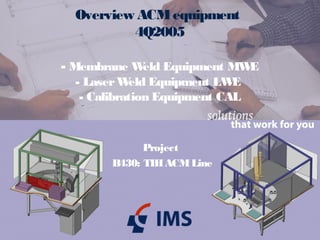 Overview ACMequipment
4Q2005
- Membrane Weld Equipment MWE
- LaserWeld Equipment LWE
- Calibration Equipment CAL
Project
B430: TIHACMLine
 
