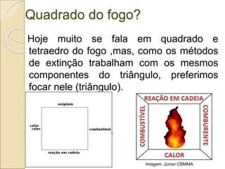 Quadrado do fogo?
Hoje muito se fala em quadrado e
tetraedro do fogo ,mas, como os métodos
de extinção trabalham com os mesmos
componentes do triângulo, preferimos
focar nele (triângulo).
Imagem: Júnior CBMMA
 