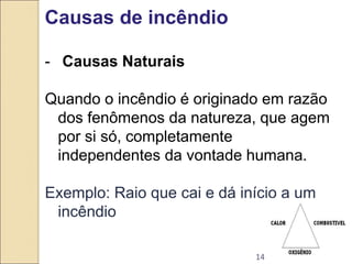 14
Causas de incêndio
- Causas Naturais
Quando o incêndio é originado em razão
dos fenômenos da natureza, que agem
por si só, completamente
independentes da vontade humana.
Exemplo: Raio que cai e dá início a um
incêndio
 