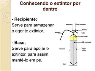 Conhecendo o extintor por
dentro
- Recipiente;
Serve para armazenar
o agente extintor.
- Base;
Serve para apoiar o
extintor, para assim,
mantê-lo em pé.
 