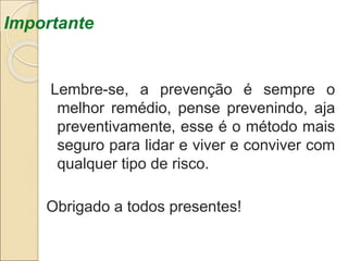Importante
Lembre-se, a prevenção é sempre o
melhor remédio, pense prevenindo, aja
preventivamente, esse é o método mais
seguro para lidar e viver e conviver com
qualquer tipo de risco.
Obrigado a todos presentes!
 