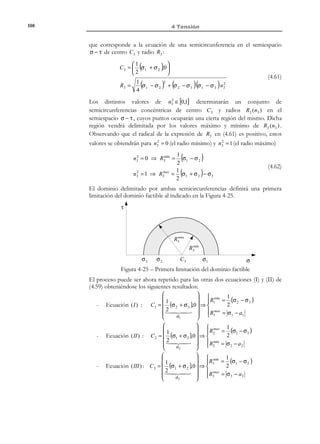 98

4 Tensión

∂
∇⋅σ = 
 ∂x

∂
∂y

y
∂ 
⋅ C
∂z  
 0


C
0
z (1 + t ) 0 = [0 0 0]

0
0


por lo tanto, la ecuación de Cauchy quedará:
∇ ⋅ σ + ρb = ρa 
⇒ b =a
∇⋅σ=0


y aplicando la fórmula de la derivada material de la velocidad:

∂v
dv ∂v
=
+ v ⋅ ∇v
=0
∂t
dt ∂t
∂
 
0 1 0 
 ∂x 
 ∂ [z x y ] = 0 0 1
∇v = ∇ ⊗ v ≡


 ∂y 
1 0 0 
∂


 
 ∂z 
0 1 0 
a = v ⋅ ∇v = [z x y ] ⋅ 0 0 1 = [y z x ]


1 0 0 


a=

⇒ b( x, t ) = a( x, t ) ≡ [y

z

x]

T

4.4.4 Diagonalización. Tensiones y direcciones principales
R E C O R D A T O R I O

Consideremos el tensor de tensiones σ . Al tratarse de un tensor de segundo

Un teorema del álgebra
orden simétrico diagonaliza en una base ortonormal y sus autovalores son
tensorial garantiza que
todo tensor de segundo reales. Consideremos, pues, su matriz de componentes en la base cartesiana
( x, y , z ) de trabajo (ver Figura 4-18):
orden simétrico
diagonaliza en una base
ortonormal y sus
 σ x τ xy τ xz 


valores propios son
(4.31)
σ ≡ τ xy σ y τ yz 
reales.

 τ xz τ yz σ z 

 ( x, y,z)
En el sistema cartesiano ( x′, y ′, z′) en el que σ diagonaliza su matriz de

componentes será:
σ 1
σ=0

0


0
σ2
0

0
0

σ 3  ( x′ , y ′ , z ′ )


Definiciones:
Direcciones principales (de tensión): Las direcciones, asociadas a los ejes
( x′, y ′, z′) , en las que el tensor de tensiones diagonaliza.
Tensiones principales: Los valores propios del tensor de tensiones
(σ1 , σ 2 , σ 3 ) . En general, se supondrán ordenadas de la forma
{σ1 ≥ σ 2 ≥ σ 3 } .

© Els autors, 2002; © Edicions UPC, 2002

(4.32)

 