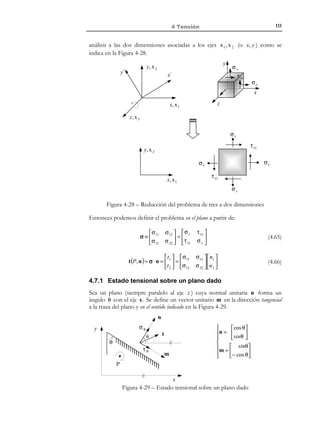 101

4 Tensión

4.4.6 Descomposición del tensor de tensiones en sus partes
esférica y desviadora
El tensor de tensiones σ puede descomponerse en una parte (o componente)
esférica σ esf y una parte desviadora σ´ :
N O T A

Este tipo de
descomposición puede
hacerse con cualquier
tensor de segundo
orden.

σ = σ esf + σ´
!
!
Parte
esférica

(4.37)

Parte
desviadora

donde la parte esférica se define como:
σ esf

σ m
1
: = Tr (σ )1 = σ m 1 ≡  0

3
0

def

0
σm
0

0 
0 

σm 


(4.38)

donde σ m es la tensión media definida en (4.36). Por la definición (4.37) la
parte (o componente) desviadora del tensor de tensiones será:
σ´= σ − σ esf

σ x

≡ τ xy
τ xz


τ xy
σy
τ yz

τ xz  σ m

τ yz  −  0

σz   0
 

0
σm
0

0 
0 

σm 


(4.39)

resultando:
σ x − σ m

σ´≡  τ xy
 τ xz


τ xy
σ y − σm
τ yz

τ xz   σ′x
 
τ yz  = τ′xy
σ z − σ m  τ ′xz
 

τ′xy
σ′y
τ′yz

τ′xz 

τ ′yz 
σ′z 


Observación 4-13
La parte esférica del tensor de tensiones σ esf es un tensor isótropo (y
define un estado tensional hidrostático) y por lo tanto es invariante
frente a un cambio de base ortogonal.

Observación 4-14
La componente desviadora del tensor es un indicador de cuanto se
aparta el estado tensional de uno hidrostático (ver ecuación (4.39) y la
Observación 4-13).

Observación 4-15
Las direcciones principales del tensor de tensiones y de su
componente desviadora coinciden. La demostración es trivial
teniendo en cuenta que, de la Observación 4-13, la parte esférica σ esf
es diagonal en cualquier sistema de coordenadas. En consecuencia, en
la ecuación (4.39), si σ diagonaliza en una cierta base, también lo hace
σ′ .

© Els autors, 2002; © Edicions UPC, 2002

(4.40)

 