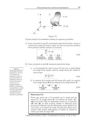 145

5 Ecuaciones de conservación-balance

Puesto que el momento resultante de las fuerzas que actúan sobre el medio
continuo (momento de las fuerzas másicas y momento de las fuerzas de
superficie) tiene la expresión (ver Figura 5-11):

∫

M O (t ) = r × ρ b dV +

∫ r × t dS

∂V

V

(5.56)

el principio de balance del momento de la cantidad de movimiento queda:
Forma global espacial del 
d

r × ρ v dV = ∫ r × ρ b dV + ∫ r × t dS
principio de balance del  →
dt V ∫V
V
≡
∂V

momento angular


(5.57)

t

5.8.2 Forma local espacial del principio de balance del momento angular
Para obtener la forma local espacial de la ecuación de balance se procede como
sigue; teniendo en cuenta el Lema de Reynolds en la ecuación (5.57):
d
d
∫ r × ρv dV = dt ∫ ρ(r × v) dV =
dt V ≡V
V ≡V
t

t

d
dr
dv
dv
= ∫ ρ (r × v )dV = ∫ ρ ( × v) dV + ∫ ρ (r × ) dV = ∫ r × ρ
dV
dt
dt
dt
dt
V
V %
V
V
v
$ #!
! 
=0

(5.58)

y desarrollando el último término de la ecuación (5.57):

n⋅σ


T
r × t dS = ∫ r × n ⋅ σ dS = ∫ r × [n ⋅ σ ] dS = ∫ (r × σ T ) ⋅ n dS =
∫
 ∂V
∂V
∂V
∂V

Teorema
 Diverg.
T

=
∫ (r × σ ) ⋅ ∇ dV


V

σΤkr
 ∂
simb
∂

T
=
(r × σ ) ⋅ ∇ i = (eijk x j σ rk )
(eijk x j σ rk ) =

∂x r ∂x r

 ∂x j
∂σ rk
σ rk + eijk x j
= eijk σ jk + (r × ∇ ⋅ σ ) i ∈{1,2,3}
eijk
$#
∂x r
∂x r
 %
$! !
# 
mi

δ jr
[r×∇⋅σ] i


[

(5.59)

]

(5.60)

Substituyendo ahora la ecuación (5.60) en la (5.59):
 r × t dS = m dV + (r × ∇ ⋅ σ ) dV

⇒ ∂V
V
V
mi = eijk σ jk
i, j , k ∈ {1,2,3}


∫

∫

∫

(5.61)

y substituyendo finalmente las ecuaciones (5.58) y (5.61) en la ecuación (5.57):

∫ r × ρ dt dV = ∫ r × ρb dV + ∫ m dV + ∫ (r × ∇ ⋅ σ )dV
dv

V

V

V

V

Reordenando términos en la ecuación (5.62), se obtiene:

© Els autors, 2002; © Edicions UPC, 2002

(5.62)

 