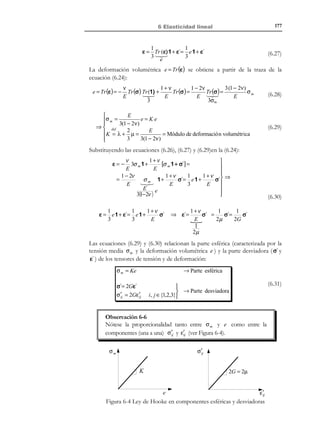 5 Ecuaciones de conservación-balance

N O T A

No se contabilizan
como incógnitas las seis
componentes distintas
del tensor velocidad de
deformación d , en las
ecuaciones (5.125) y
(5.126), puesto que se
suponen implícitamente
calculables en función
de la velocidad v
mediante la relación:

d ( v) = ∇ s v
(ver capítulo 2,
apartado 2.13.2)

167

Haciendo un recuento del número de incógnitas que intervienen en dichas
ecuaciones se tiene.
ρ → 1 incógnita


v → 3 incógnitas 

σ → 9 incógnitas 

u → 1 incógnita  19 incógnitas
q → 3 incógnitas 

θ → 1 incógnita 

s → 1 incógnita 

Es evidente, por consiguiente, que se necesitarán ecuaciones adicionales para
resolver el problema. Estas ecuaciones, que reciben el nombre genérico de
ecuaciones constitutivas y que son propias del material que constituye el medio
continuo, son:
6) Ley de Fourier de conducción del calor:
q = − K ∇θ


∂θ
 → 3 ecuaciones
qi = − K
i ∈{1,2,3}
∂ xi


N O T A

Es frecuente que en las
ecuaciones constitutivas
termo mecánicas
intervengan las
deformaciones, ε , que,
sin embargo, no se
contabilizan como
incógnitas adicionales
puesto que se suponen
calculables en función
de las ecuaciones del
movimiento que, a su
vez, pueden calcularse
por integración del
campo de velocidades

⇒ ε = ε (v )

(ver Capítulos 1 y 2).

(5.127)

7) Ecuaciones constitutivas (propiamente dichas):
Ec. constituti vas
→ f i (σ, ε( v ), θ, µ ) = 0 i ∈{1,..,6} → 6 ecuaciones
termo - mecánicas :

(5.128)
Ec. constituti va
de la entropía :

→ s = s (ε( v), θ, µ )

→ 1 ecuación

donde µ = {µ 1 ,...., µ p } son un conjunto de nuevas variables termodinámicas
( p nuevas incógnitas) introducidas por las ecuaciones constitutivas termomecánicas.
8) Ecuaciones termodinámicas de estado:


de estado


 → (1 + p) ecuaciones

Ecuaciones
→ Fi (ρ, θ, µ ) = 0 i ∈{1,2... p}

cinéticas de estado

Ecuación calórica

→ u = g (ρ, ε( v ), θ, µ )

(5.129)

Nos encontramos ahora con un conjunto de (19+ p ) ecuaciones y (19+ p )
incógnitas que, con las adecuadas condiciones de contorno, definen un
problema matemáticamente bien puesto.

© Els autors, 2002; © Edicions UPC, 2002

 