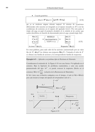 174

6 Elasticidad lineal

6.3 Isotropía – Constantes de Lamé – Ley de
Hooke para elasticidad lineal isótropa
Definición:
Material isótropo: Aquel que tiene las mismas propiedades en todas las
direcciones.

N O T A

Un tensor es isotrópo si
mantiene sus
componentes en
cualquier sistema de
coordenadas cartesiano.
La expresión más
general de un tensor
isotrópo de cuarto orden es :

C = λ1 ⊗ 1 + 2µI
∀λ y µ

R E C O R D A T O R I O

El tensor simétrico
unitario de cuarto
orden I (isotrópo) se
define mediante sus
componentes:

[I ]ijkl = 1 [δik δ jl + δil δ jk ]
2

Para el caso de un material elástico lineal, las propiedades elásticas están
contenidas en el tensor C de propiedades elásticas de las ecuaciones (6.6) o
(6.7). En consecuencia, las componentes de dicho tensor deben ser
independientes de la orientación del sistema cartesiano en el que se trabaje. Si
consideramos, por ejemplo, los sistemas {x1 , x2 , x3} y {x1´, x2 ´, x3´} de la Figura
6-2, la ecuación constitutiva para los dos sistemas se escribe:
{x1 , x 2 , x 3 } ⇒ [σ] = [C ]: [ε ]

(6.17)

{x1´, x 2 ´, x 3 ´} ⇒ [σ]´ = [C ]´ : [ε ]´

y, para el caso de material isótopo, las componentes de C en ambos sistemas
deben ser las mismas ( ⇒ [C ] = [C]´ ). En consecuencia, la anterior definición, de
carácter físico, de isotropía se traduce en el carácter isotrópo, en el sentido
matemático, del tensor de constantes elásticas C :
C = λ1 ⊗ 1 + 2µI
Tensor de

constantes → 
C = λδ δ + µ[δ δ + δ δ ] i, j, k .l ∈{1, 2,3}
elásticas
ij kl
ik jl
il jk
 ijkl

(6.18)

Donde λ, µ son conocidas como las constantes de Lamé, que caracterizan el
comportamiento elástico del material y que deben ser obtenidas
experimentalmente.
x3
x2 ´

x3 ´

x1 ´
x2
x1

Figura 6-2
Observación 6-5
La condición de isotropía reduce el número de constantes elásticas del
material de 21 a 2.

© Els autors, 2002; © Edicions UPC, 2002

 
