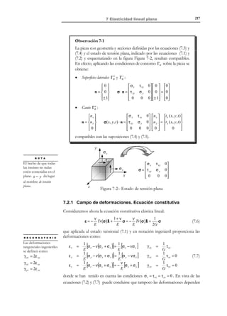 206

6 Elasticidad lineal

ESTADO
t*

Acción

Respuesta

 b(x, t ) 
 ∗( , )
u x t 
 *

 t ( x, t ) 
∆ θ( x, t ) 



 u ( x, t ) 


 ε ( x, t ) 
σ(x, t ) 



b

 ∗− t
u u 
*

t

∆ θ = 0



u nt ( x, t )
 nt

ε (x, t ) 
σ(x, t ) 



b = 0 
u ∗ = u t 
~


~ *

=0 
t
∆ θ( x, t ) 



u = u t ( x, t ) 


ε = (α∆θ)1 
σ = 0




Γσ : σ ⋅ n = t *

z
b

Γu : u = u*

∆θ ≠ 0

y

(I) Termoelástico (original)

x

Γσ : σ ⋅ n = t *

t*
z
b

Γu : u = u * − u t

∆θ = 0

y

(II) Elástico (análogo)

x

~*
t =0
z

~
Γσ : σ ⋅ n = t *

b = 0 ∆θ ≠ 0

Γu : u = u t

y
x

(III) Termoelástico (trivial)

Figura 6-16 – 2ª Analogía térmica
Ejemplo 6-5 – Resolver mediante la 2ª analogía térmica el problema uniaxial de una viga
empotrada en ambos extremos sobre la cual actúa un incremento de temperatura constante
∆θ (Figura 6-17).
Resolución:
El procedimiento clásico de resolución en Resistencia de Materiales consiste en
la superposición (suma) de las siguientes situaciones: 1) Se considera la
estructura inicialmente hiperestática, 2) se libera el extremo derecho para
permitir la expansión térmica, que se produce (al ser la estructura isostática)

© Els autors, 2002; © Edicions UPC, 2002

 