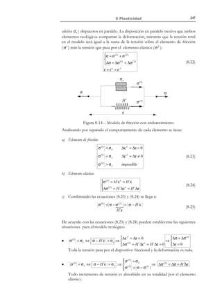 237

8 Plasticidad

Observación 8-3
Se define como tensión efectiva o tensión uniaxial equivalente σ al escalar:
3
3
σ ′ σ′ =
σ´: σ´
ij ij
2
2

'
σ = 3J 2 =

La denominación tensión uniaxial equivalente se justifica porque su
valor para un estado de tensión uniaxial coincide con dicha tensión
uniaxial (ver Ejemplo 8-1).

Ejemplo 8-1 – Calcular el valor de la tensión uniaxial equivalente (o tensión efectiva) σ
para un estado de tensión uniaxial definido por:
σ u

σ≡ 0
0


Resolución:

σ
1
σ m = Tr (σ) = u
3
3

a) Tensión media:

b) Componente esférica:

σ esf

σ m
≡ 0

0


0
σm
0

c) Componente desviadora:

σ ′ = σ − σ esf

0 0
0 0

0 0


σ u − σ m
≡ 0

 0


Tensión efectiva: σ =

0
− σm
0

 σu

0   3
0 = 0
 
σm  

 0

2
σu
0  3

0 = 0
 
− σm  

 0



0 

0 

σu 
3 


0
σu
3
0

0
1
− σu
3
0




0 

1 
− σu 
3 
0

3
3 2 4 1 1
32
σ′ σ′ =
σu ( + + ) =
σu = σu ⇒
ij ij
2
2
9 9 9
23
σ = σu

N O T A

El espacio de tensiones
principales también es
conocido con el
nombre de espacio de
tensiones de HaighWestergaard.

8.3 Espacio de tensiones principales
Consideremos un sistema de ejes cartesianos en R 3 {x ≡ σ1 , y ≡ σ 2 , z ≡ σ 3 } de
tal forma que a cada estado tensional, caracterizado por los valores de las tres

© Els autors, 2002; © Edicions UPC, 2002

 
