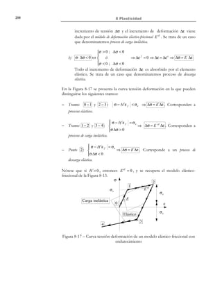 240

8 Plasticidad


1 / 3 



3


| OA |= OP ⋅ n = {σ1 , σ 2 , σ 3 }1 / 3  =
(σ1 + σ 2 + σ 3 ) = 3 σ m 

⇒

 3
1 / 3 





| OA |= 3 σ oct

σ oct = σ m =

I1
3

(8.15)

(8.16)

donde se ha tenido en cuenta la definición (8.9) de la tensión media σ m .
La distancia AP puede calcularse resolviendo el triángulo rectángulo OAP de
la Figura 8-5:
2
2
2
1
2
2
AP = OP − OA = σ 12 + σ 2 + σ 3 − (σ 1 + σ 2 + σ 3 )2
3

(8.17)

Mediante algunas operaciones algebraicas esta distancia puede expresarse en
′
función del segundo invariante, J 2 , del tensor de tensiones desviador de la
ecuación (8.14) como:
2
′
AP = 2 J 2 ' ⇒ AP = 2 ( J 2 )1 2 

′ 12
 ⇒ τ oct = 3 [J 2 ]

| AP |= 3 τ oct

2

(8.18)

′
Expresiones alternativas de τ oct en función del valor de J 2 en la ecuación
(8.14) son:
1/ 2

1  2
1
2
2
2
σ1 + σ 2 + σ 3 − 3 (σ1 + σ 2 + σ 3 ) 
3

2
2
2 1/ 2
1 
=
σ1 − σ 2 + σ 2 − σ 3 + σ1 − σ 3 



3 3

τ oct =
τ oct

(

) (

) (

(8.19)

)

Observación 8-5
•

Si el estado tensional σ es puramente esférico :
′
σ = σ esf = σ m 1 ⇔ σ ′ = σ − σ esf = 0 ⇔ J 2 = 0 ⇔

τ oct = 0

(un estado esférico queda caracterizado por τ oct = 0 y, por tanto,
pertenece al eje de tensión hidrostática, ver Figura 8-5).
•

Si el estado tensional σ es puramente desviador :
σ = σ′ ⇔ σ m = Tr (σ) = Tr (σ ′) = 0 ⇔ σ oct = 0

(un estado desviador queda caracterizado por σ oct = 0 y pertenece al
plano octaédrico que pasa por el origen).

© Els autors, 2002; © Edicions UPC, 2002

 