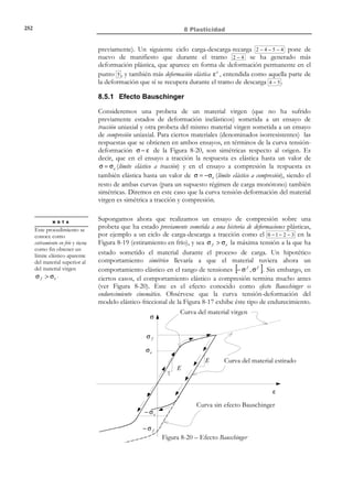 242

8 Plasticidad

Π
σ3

σ1 = σ 3

σ 3  σ1  σ 2

σ1  σ 3  σ 2

σ3

σ 3  σ 2  σ1

Π

σ 2  σ 3  σ1
σ2

σ1

σ2

σ 2  σ1  σ 3

σ1  σ 2  σ 3

σ1

σ2 = σ3

σ1 = σ 2

Figura 8-7 – Proyección sobre el plano octaédrico

8.4 Modelos reológicos de fricción
Los modelos reológicos son idealizaciones de modelos mecánicos, construidos
como combinación de elementos simples, cuyo comportamiento es fácilmente
intuible, y que permiten percibir comportamientos mecánicos más complejos.
Se utilizarán aquí modelos reológicos de fricción para introducir el concepto de
deformación irrecuperable o permanente y sus consecuencias como paso
previo al análisis de los modelos elastoplásticos.
8.4.1 Elemento elástico (elemento muelle)
El modelo reológico elástico viene definido por un muelle de constante E (ver
Figura 8-8). El modelo establece que existe proporcionalidad entre la tensión y
la deformación, tanto en carga como en descarga, siendo la constante E , el
factor de proporcionalidad (ver Figura 8-8).
K

E
F

σ

F →σ
δ→ε

δ

ε

F=Kδ

σ=Eε
σ

F
K
1

1

δ

E

Figura 8-8 – Relación tensión-deformación para un modelo elástico

ε

8.4.2 Elemento de fricción
N O T A

El modelo de fricción
de Coulomb también
recibe el nombre de
modelo de fricción seca.

Consideremos un bloque situado sobre una superficie rugosa (ver Figura 8-9),
y sometido a una fuerza de compresión N y a una fuerza horizontal
F (positiva, hacia la derecha, y negativa hacia la izquierda). Sea δ el
desplazamiento horizontal del bloque. El modelo de fricción de Coulomb
establece que el módulo de la reacción R ejercida por la superficie de contacto
© Els autors, 2002; © Edicions UPC, 2002

 