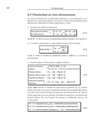 250

8 Plasticidad

incremento de tensión ∆σ y el incremento de deformación ∆ε viene
dada por el módulo de deformación elástico-friccional E ef . Se trata de un caso
que denominaremos proceso de carga inelástica.

b)

σ  0 ; ∆σ  0

σ ⋅ ∆σ  0 ⇔ 
ó
σ  0 ; ∆σ  0


⇒ ∆ε f = 0 ⇒ ∆ε = ∆ε e ⇒ ∆σ = E ∆ε

Todo el incremento de deformación ∆ε es absorbido por el elemento
elástico. Se trata de un caso que denominaremos proceso de descarga
elástica.
En la Figura 8-17 se presenta la curva tensión deformación en la que pueden
distinguirse los siguientes tramos:
− Tramos 0 − 1 y 2 − 3 :
procesos elásticos.

σ − H ´ε f  σ e ⇒ ∆σ = E ∆ε . Corresponden a

 σ − H ´ε f = σ e

⇒ ∆σ = E ef ∆ε . Corresponden a
− Tramos 1 − 2 y 3 − 4 : 
σ ∆σ  0


procesos de carga inelástica.
 σ − H ´ε f = σ e


− Punto 2 : 

⇒ ∆σ = E ∆ε . Corresponde a un proceso de

σ ∆σ  0


descarga elástica.
Nótese que si H ´= 0 , entonces E ef = 0 , y se recupera el modelo elásticofriccional de la Figura 8-13.
σ

σe
Carga inelástica

2
1

E

ef

E
ε

0
σe

Elástico
4

σe

3

Figura 8-17 – Curva tensión-deformación de un modelo elástico-friccional con
endurecimiento

© Els autors, 2002; © Edicions UPC, 2002

 