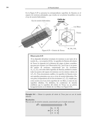 256

8 Plasticidad

Observación 8-10
Nótese en la ecuación (8.34) la dependencia del espacio de tensiones
admisibles con la variable de endurecimiento α . El dominio
admisible evoluciona con la tensión de fluencia σ f (α) de la forma:

[

]

E σ ≡ − σ f (α), σ f (α) (ver Figura 8-22).

8.6.3 Ecuación constitutiva
Para caracterizar la respuesta del material se definen las siguientes situaciones:
•

Régimen elástico:
σ ∈ E σ ⇒ dσ = E dε

•

Régimen elastoplástico en descarga:
σ ∈ ∂E σ

 ⇒ dσ = E dε
dF (σ, α)  0

•

(8.36)

(8.37)

Régimen elastoplástico en carga plástica:
σ ∈ ∂E σ

ep
 ⇒ dσ = E dε
dF (σ, α) = 0

(8.38)

donde E ep es el denominado módulo de deformación elastoplástico.
Observación 8-11
La situación σ ∈ ∂E σ y dF (σ, α)  0 no puede darse, puesto que si
σ ∈ ∂E σ ⇒ (de la ecuación (8.33)) F (σ, α ) ≡ σ − σ f (α ) = 0 .
Si además dF (σ, α)  0 ⇒
F (σ + dσ, α + dα ) = %$ + dF (σ, α)  0
F (σ# )
# , α  %#
# $
=0
0

y, de acuerdo con la ecuación (8.35) el estado tensional σ + dσ sería
no admisible.

8.6.4 Ley de endurecimiento. Parámetro de endurecimiento
La ley de endurecimiento proporciona la evolución de la tensión de fluencia
plástica σ f (α) con el parámetro de endurecimiento α (ver Figura 8-22).
Aunque dicha ley de endurecimiento puede ser mas general, es frecuente (y
muchas veces suficiente) considerar una ley de endurecimiento lineal del tipo:
σ f = σ e + H ′ α ⇒ d σ f (α) = H ′ d α

donde H ′ recibe el nombre de parámetro de endurecimiento.

© Els autors, 2002; © Edicions UPC, 2002

(8.39)

 
