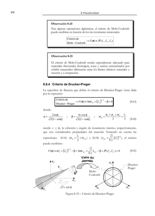 260

8 Plasticidad

8.7 Plasticidad en tres dimensiones
La teoría incremental de la plasticidad, planteada en una dimensión en el
apartado 8.6 , puede generalizarse al caso de un estado tensional multiaxial (tres
dimensiones) utilizando los mismos ingredientes, es decir:
1. Descomposición aditiva de la deformación:
Descomposi ción aditiva
→
de la deformació n

e
p
e
p


ε = ε + ε
 dε = dε + dε
⇒ e
 e
ε = C −1 : σ dε = C −1 : dσ



(8.43)

donde C −1 es ahora el tensor de propiedades elásticas definido en el capítulo 6.
2. Variable de endurecimiento α y regla de flujo (ecuaciones de evolución):
∂G (σ, α)
 p
 dε = λ
Regla de flujo → 
∂σ
dα = λ α ∈[0, ∞)


(8.44)

donde λ recibe el nombre de multiplicador plástico y G (σ, α) el de función de
potencial plástico.
3. Función de fluencia. Dominio elástico y superficie de fluencia.
Función de fluencia
plástica
Dominio elástico

F (σ, α ) ≡ φ(σ) − σ f (α)
→
σ f (α) = σ e + H ′ α (ley de endurecimiento)
→ E σ := {σ F (σ, α )  0}

0
Dominio elástico inicial → E σ := {σ

Superficie de fluencia

→ ∂E σ := {σ

F (σ,0)  0}

(8.45)

F (σ, α ) = 0}

Espacio de tensiones 
 → E σ = E σ ' ∂E σ = {σ
admisibles


F (σ, α ) ≤ 0}

donde φ(σ) ≥ 0 recibe el nombre de tensión uniaxial equivalente, σ e es el límite
elástico obtenido en un ensayo uniaxial del material (una propiedad del mismo)
y σ f (α) es la tensión de fluencia. El parámetro de endurecimiento H ′ juega el
mismo papel que en el caso uniaxial y determina la expansión o contracción del
dominio elástico E σ , en el espacio de tensiones, a medida que crece α . En
consecuencia:
• H ′  0 ⇒ Expansión de Eσ con α → Plasticidad con endurecimiento
• H ′  0 ⇒ Contracción de Eσ con α → Plasticidad con ablandamiento
0
• H ′ = 0 ⇒ Dominio elástico constante ( Eσ = Eσ ) → Plasticidad perfecta

© Els autors, 2002; © Edicions UPC, 2002

(8.46)

 