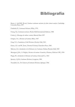 263

8 Plasticidad

'
donde σ(σ ) = 3J 2 es la tensión efectiva (ver Observación (8.3)). Una expresión
alternativa se obtiene considerando las ecuaciones (8.18) y (8.19) y
substituyéndolas en la ecuación (8.55), obteniéndose:

F ( σ) ≡

[(σ
2

1

1

− σ 2 )2 + (σ 2 − σ 3 )2 + (σ1 − σ 3 )2

]

1/ 2

− σe = 0

(8.56)

La representación gráfica de la superficie de fluencia de von Mises puede verse
en la Figura 8-27.
R=

2
σe
3

σ3

R=

2
σe
3

σ3

σ2

σ1

σ2
Π

Π
σ1

Figura 8-27 – Criterio de von Mises

Observación 8-16
La ecuación (8.55) pone de manifiesto la única dependencia de la
superficie de fluencia de von Mises del segundo invariante del tensor
′
de tensiones J 2 . En consecuencia, todo los puntos de la superficie
′
vendrán caracterizados por un mismo valor de J 2 , lo que define un
cilindro cuyo eje es el eje de tensión hidrostática.

Observación 8-17
El criterio de von Mises es adecuado como criterio de fallo o de
rotura en metales, en los que, típicamente, estados de tensión
hidrostática (tanto de tracción como de compresión) tienen un
comportamiento elástico y la rotura se produce debido a la presencia
de componentes desviadoras de la tensión.

© Els autors, 2002; © Edicions UPC, 2002

 