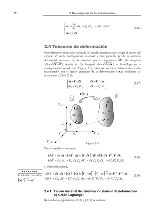 1 Descripción del movimiento

20


− τ2
2
2 
τ + cos τ 
 τ ∈ [t 0 , t ] ∩ [t 0 , ∞] = [t 0 , t ]
τ 2 + cos τ 
Y= 2
τ + cos 2 τ 

X=

De aquí substituyendo en las ecuaciones del movimiento se obtienen las
ecuaciones de la línea de traza:

cos τ
− τ2
cos t
x= 2
t2 + 2


τ + cos 2 τ
τ + cos 2 τ
x = g( τ, t ) ≡ 
cos τ
− τ2
y =
cos t − 2

τ 2 + cos 2 τ
τ + cos 2 τ


τ ∈ [t 0 , t ]

Observación 1-8
En un problema estacionario las líneas de traza son segmentos de las
trayectorias (o de las líneas de corriente). La justificación se basa en el
hecho de que en el caso estacionario la trayectoria sigue la envolvente
del campo de velocidades que permanece constante con el tiempo. Si
se considera un punto de vertido, x* , todas las partículas que pasan
por él seguirán porciones (segmentos) de la misma trayectoria.

1.11 Superficie material
Definición:
Superficie material: Superficie móvil en el espacio constituida siempre
por las mismas partículas (puntos materiales).
En la configuración de referencia Ω 0 la superficie Σ 0 podrá definirse en
términos de una función de las coordenadas materiales F ( X , Y , Z ) como:
Σ 0 := { X , Y , Z

| F (X,Y,Z ) = 0}

Observación 1-9
La función F ( X , Y , Z ) no depende del tiempo, lo que garantiza que
las partículas, identificadas por su etiqueta, que cumplen la ecuación
F ( X , Y , Z ) = 0 son siempre las mismas de acuerdo con la definición
de superficie material.

© Els autors, 2002; © Edicions UPC, 2002

(1.35)

 