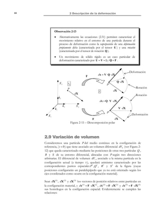 2 Descripción de la deformación

34

Definición:
Estiramiento: en el punto material P (o en el punto espacial P ′ ) en
la dirección material T (o en la dirección espacial t ) es la longitud del
segmento diferencial deformado P ′Q ′ por unidad de longitud del
segmento diferencial original PQ .
t0
X3

P

t

dX
dS

Q

P´
T

X

dx
ds

x

Q´
t

X2
X1

Figura 2-4 – Estiramiento y alargamiento unitario

La traducción a lenguaje matemático de la anterior definición es:
def

Estiramien to
N O T A C I Ó N

Frecuentemente se
prescindirá de los
subíndices (•) T o

(•) t al referirse a los
estiramientos o
alargamientos unitarios.
Téngase bien presente,
sin embargo, que
siempre están asociados
a una dirección
determinada.

=

λT = λt =

P´Q´ ds
=
PQ dS

(0  λ  ∞ )

(2.26)

Definición:
Alargamiento unitario: en el punto material P (o en el punto espacial
P ′ ) en la dirección material T (o en la dirección espacial t ) es el
incremento de longitud del segmento diferencial deformado P`Q` por
unidad de longitud del segmento diferencial original PQ .
y la correspondiente definición matemática:
Alargamiento unitario

def

=

εT = εt =

∆ PQ
PQ

=

ds − dS
dS

(2.27)

Las ecuaciones (2.26) y (2.27) permite relacionar inmediatamente los valores
del alargamiento unitario y del estiramiento para un mismo punto y dirección
como:
ε=

ds − dS ds
=
−1 = λ −1
dS
dS
$
λ

( ⇒ −1  ε  ∞)

© Els autors, 2002; © Edicions UPC, 2002

(2.28)

 