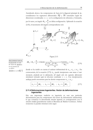 41

2 Descripción de la deformación

En la Figura 2-9 se presenta la interpretación física de las componentes del
tensor material de deformación sobre un paralelepípedo elemental en el
entorno de una partícula P con aristas orientadas según los ejes coordenados.
t
F
t0

dx (3 )

X3, Z
S
dX
dX

P´

(3 )

(1)

P

1 + 2 E XX dX

S´

dX (2 )

Q´

2
θ yz dx ( )

θ xz

θ xy

dx (1)

Q

1 + 2 EZZ dZ

ˆ
e3
X 2 ,Y

R

R´

1 + 2 EYY dY

ˆ
e2

ˆ
e1

∆Θ
∆Θ

X1, X

XY

XZ

= − arcsin

= −arcsin

∆Θ
= − arcsin
YZ

2 E XY
1 + 2 E XX

1 + 2 EYY

2 E XZ
1 + 2 E XX

1 + 2 E ZZ

2 EYZ
1 + 2 EYY

1 + 2 E ZZ

Figura 2-9 – Interpretación física del tensor material de deformación
2.7.2 Tensor espacial de deformación
Argumentos parecidos a los de la sección 2.7.1 permiten interpretar a su vez las
componentes del tensor espacial deformación:
e xx

e ≡ e xy
e xz


e xz  e11

e yz  = e12

e zz  e13
 

e xy
e yy
e yz

e12
e 22
e23

e13 
e 23 

e33 


(2.46)

Las componentes de la diagonal principal (deformaciones longitudinales)
pueden interpretarse en función de los estiramientos y alargamientos unitarios
de segmentos diferenciales orientados según los ejes coordenados en la
configuración actual o deformada:
λ1 =
λ2 =
λ3 =

1
1 − 2e11
1
1 − 2e 22
1
1 − 2e33

=
=
=

1
1 − 2e xx
1
1 − 2e yy
1
1 − 2e zz

⇒ εx =
⇒ εy =
⇒ εz =

1
1 − 2e xx
1
1 − 2e yy
1
1 − 2e zz

−1
−1

(2.47)

−1

mientras que las componentes de fuera de la diagonal principal (deformaciones
transversales) contienen información sobre la variación de ángulos entre

© Els autors, 2002; © Edicions UPC, 2002

 