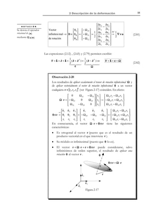 45

2 Descripción de la deformación

 dx ( i ) = F ⋅ dX ( i )

 (i )
(i )
dx j = F jk ⋅ dX k

R E C O R D A T O R I O

El volumen de un
paralelepípedo puede
calcularse como el
producto mixto
(a × b) ⋅ c de los
vectores-arista a , b y
c que concurren en
cualquiera de sus
vértices.
Por otra parte, el
producto mixto de tres
vectores es el
determinante de la
matriz constituida por
las componentes de
dichos vectores
ordenadas en filas

(2.52)

i, j, k ∈{1,2,3}

Los volúmenes asociados a la partícula en ambas configuraciones pueden
escribirse como:

(

)

dV0 = dX (1) × dX (2 ) ⋅ dX (3)

(

dVt = dx

(1)

× dx

(2 )

)⋅ dx

(3 )

(
(
 dX 1(1) dX 21) dX 31) 
 (2 )
(
( 
= det dX 1
dX 22 ) dX 32 )  = M
(
(
 dX 1(3 ) dX 23 ) dX 33 ) 

#%%% %%%%
%
!

[M ]

 dx (1)

=

dx (1)

(
dx 31)



dx 3
=m
(3 ) 
dx 3
#%%% %%%% 
%
!
[m ]

1
 (
det dx1 2 )
 dx (3 )
 1

M ij = dX (ji )

2
(
dx 22 )
(
dx 23 )

mij = dx (ji )
t
X 3 , x3
S′

F
t0
dV0

P´
S

dX

(1)

P

(2.53)

(2 )

dx (3 )
R´
dx(2 )

dx(1)

dX(3 )
ˆ
e3

R
dX(2 )

Q

ˆ
e1

Q´

dVt

ˆ
e2

X 2 , x2

X 1 , x1

Figura 2-12 – Variación de un elemento diferencial de volumen
Por otro lado, considerando las expresiones (2.52) y (2.53) puede escribirse:
T
mij = dx (ji ) = F jk dX k(i ) = F jk M ik = M ik Fkj

⇒ m = M ⋅ FT

(2.54)

y, en consecuencia:
N O T A

Se utilizan aquí las
expresiones:
A⋅B = A B y

AT = A




⇒
0

dVt = dV ( x( X, t ), t ) = F ( X, t ) dV ( X,0) = F t dV 0 


dVt = m = M ⋅ F T = M F T = F M = F dV 0
$
dV

© Els autors, 2002; © Edicions UPC, 2002

dVt = F t dV0

(2.55)

 